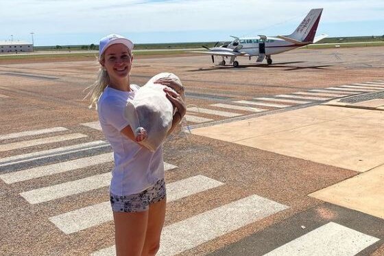 La fundadora de Kimberley Concierge, Callee Walsh, con un cerdo asado en la pista del aeropuerto.