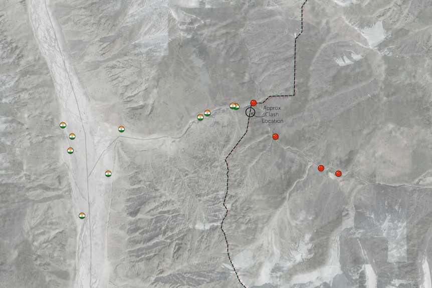 An annotated satellite image showing the Indian and Chinese army positions  in the Galwan Valley.