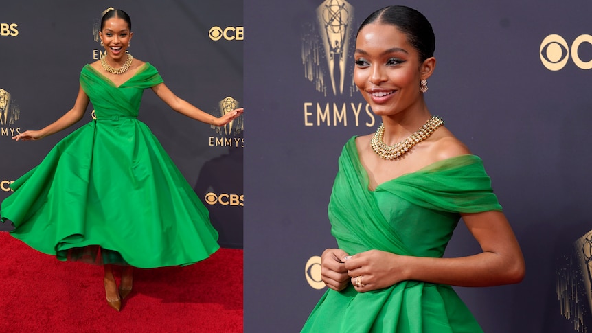 Yara Shahidi in a green, ankle-length gown