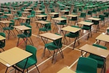 Desks lined up for an exam hall