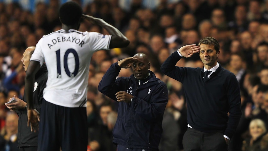 Tim Sherwood and Emmanuel Adebayor celebrate a Tottenham goal