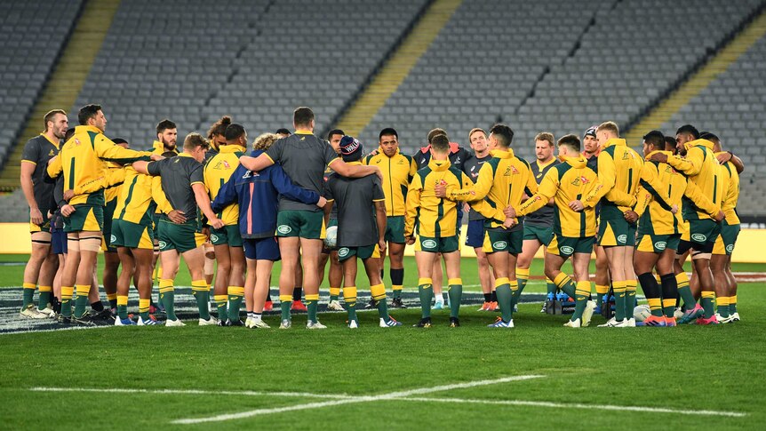 Rugby players are seen during the Australian Wallabies Captains Run at Eden Park in Auckland, New Zealand, 2019.