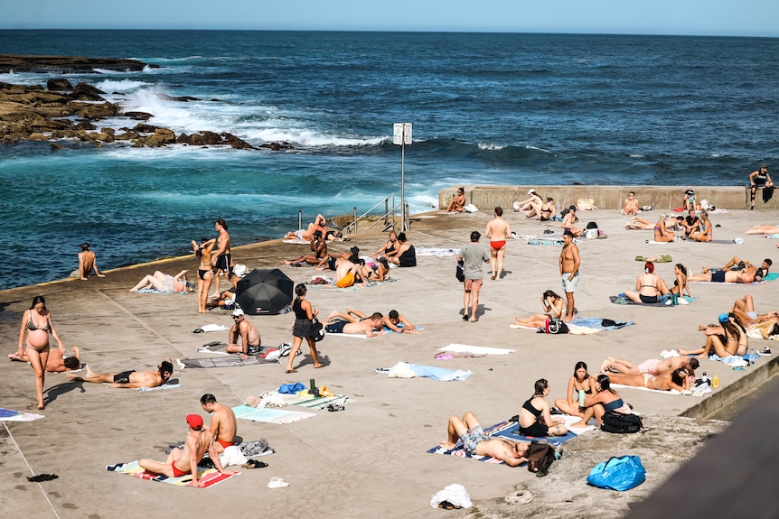 swimmers lying on towels beside a rock pool at a sydney beach