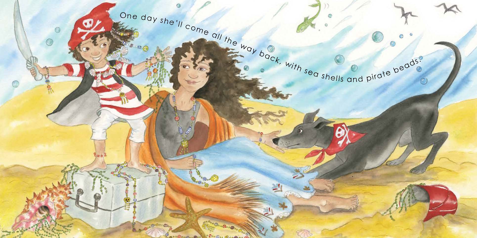 A children's book page with a child dressed as a pirate and a mother looking on.