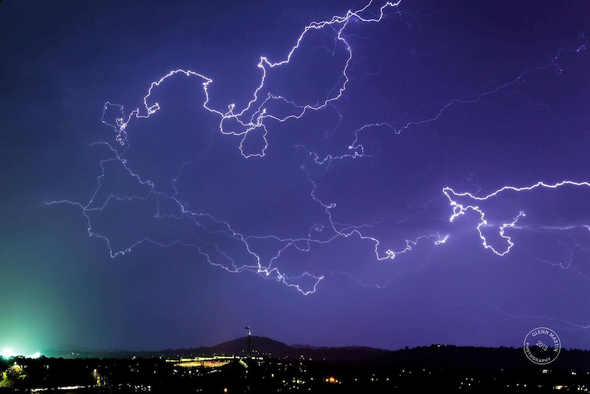 Lightning strikes over Parliament House in Canberra