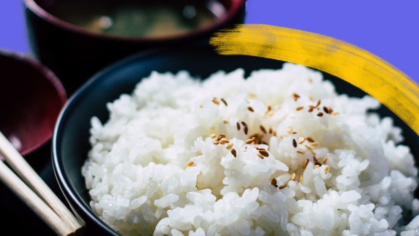 A bowl of rice seasoned with sesame seeds.