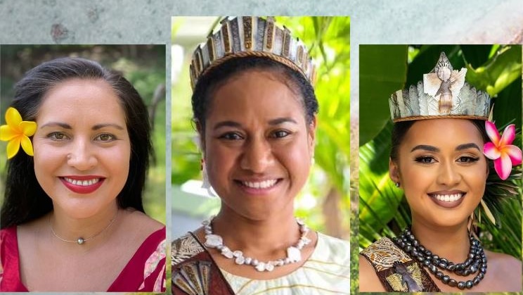 Three faces of women, beauty queens from the Pacific, set infront of island background. 