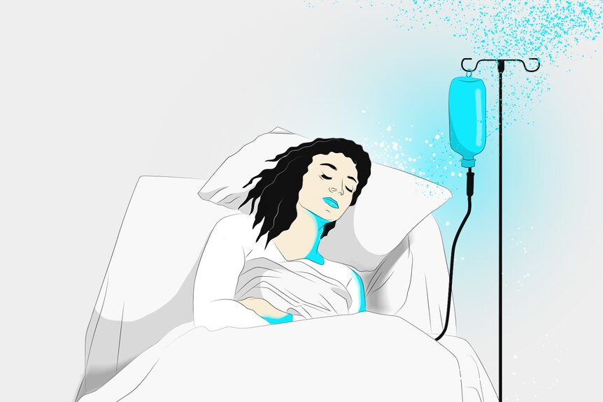 Illustration of woman in hospital bed asleep and alone.