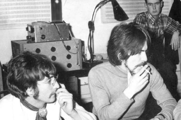 Sound engineer Richard Lush (back) in the studio with John Lennon and George Harrison