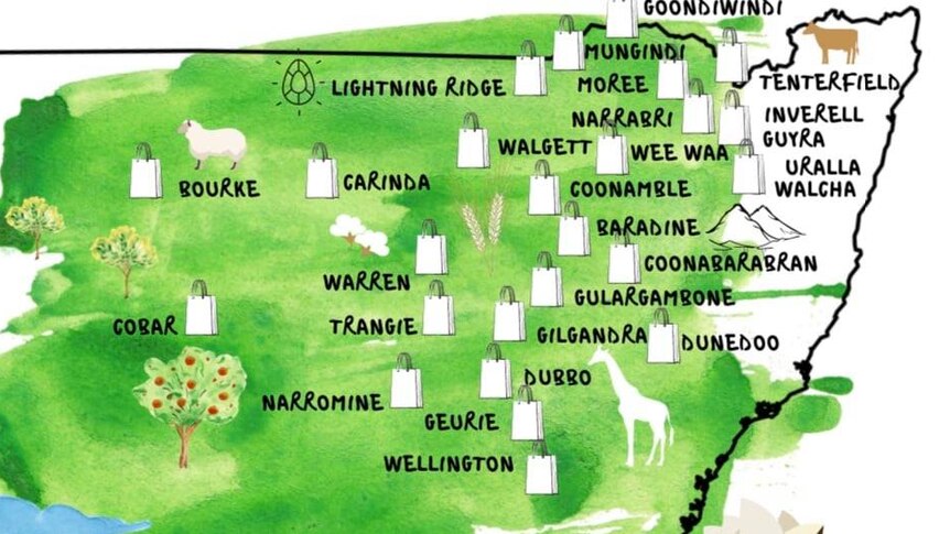 An illustration of a map detailing the drought affected towns getting on board the #buyfromthebush campaign