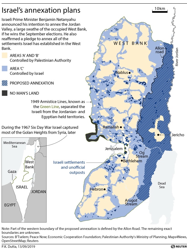 A map shows a bird's eye view of Israel and the Palestinian territories.