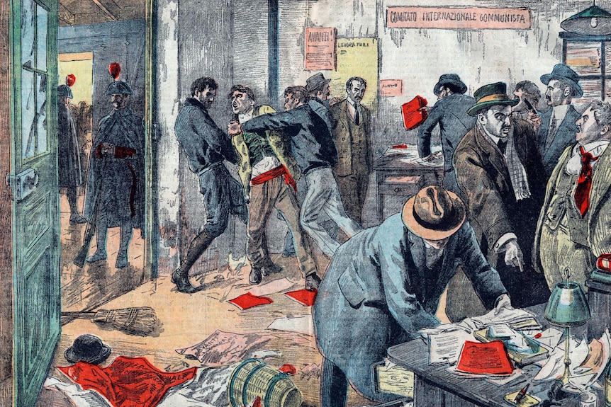 Illustration of mass arrests of Communists in Trieste, Italy in 1923.