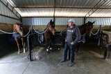 Horse trainer Darren Weir standing in the stables with three horses.