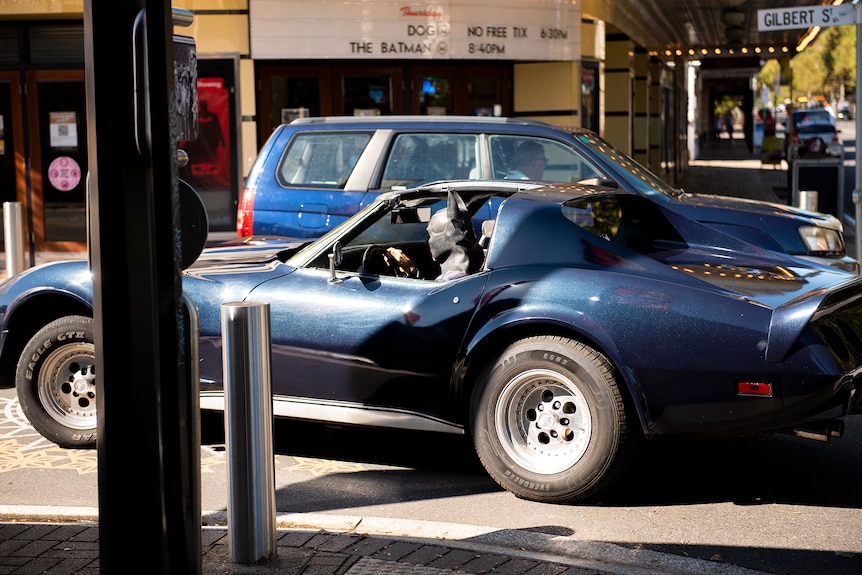 A man in a dark blue sports car wearing a Batman mask drives past a theatre advertising The Batman.
