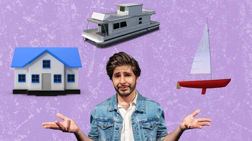 Collage of Joe looking perplexed and hands out and a boat, house and houseboat illustrations around him.