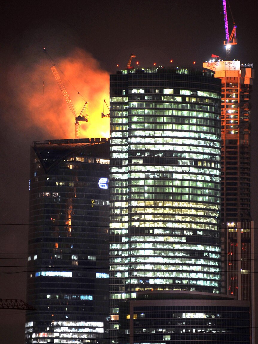 Europe's tallest-to-be tower burns in central Moscow.