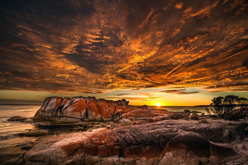 Sun rises over coastal rocks.