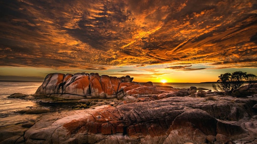 Sun rises over coastal rocks.