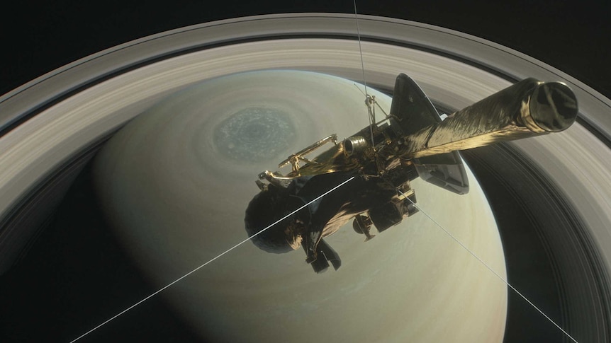 Cassini above Saturn's northern hemisphere prior to making one of its Grand Finale dives