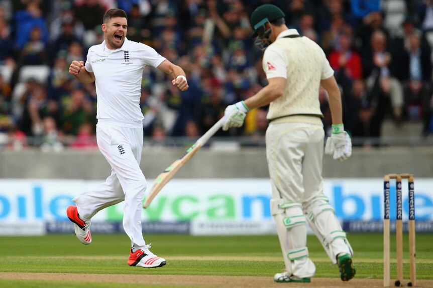 James Anderson celebrates the wicket of Australia's Adam Voges on day one at Edgbaston.