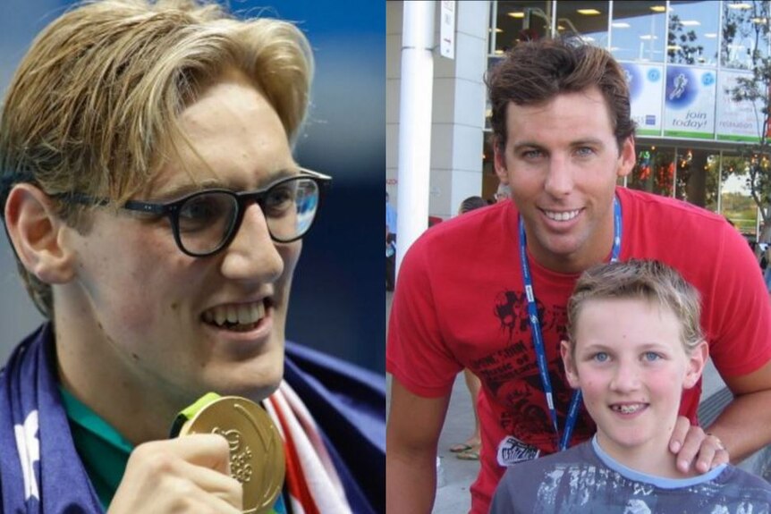 Mack Horton smiling with his gold medal and him with Grant Hackett as a child