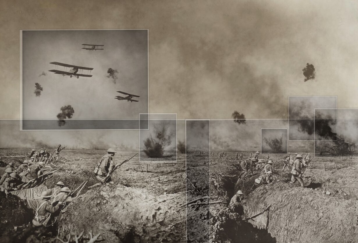 A battlefield photo with multiple frames superimposed over the elements