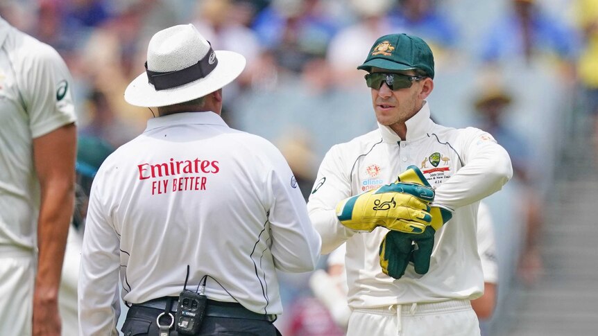 Tim Paine points at his glove in discussion with an umpire