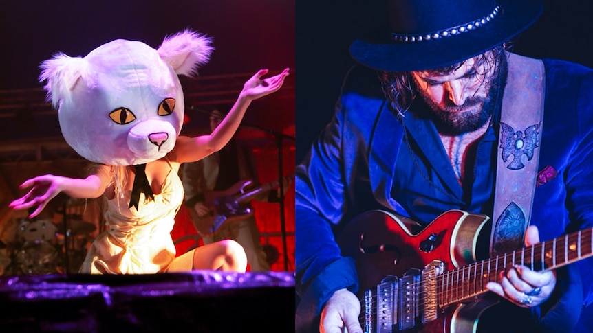 A cat dancer and Angus Stone performing during Dope Lemon's Mix-Up Tent set at Splendour In The Grass, 20 July 2019
