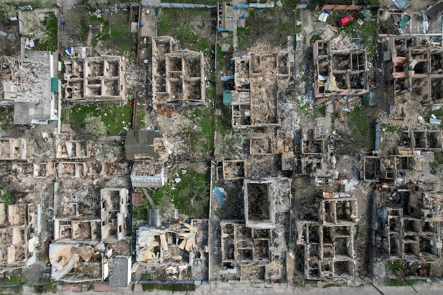 A view shows residential buildings destroyed during Russia's invasion of Ukraine in the town of Irpin