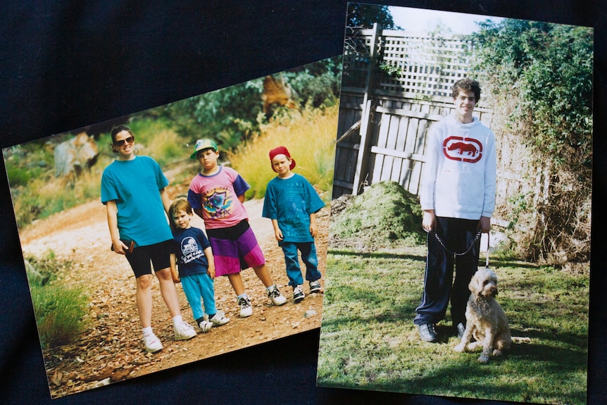 Two printed photos showing a mum with three young boys on a path and one of a teenage boy standing on grass.