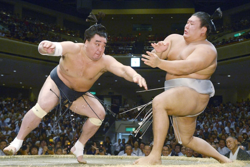 Sumo grand champion Harumafuji pushes opponent Takanoiwa out of the ring.