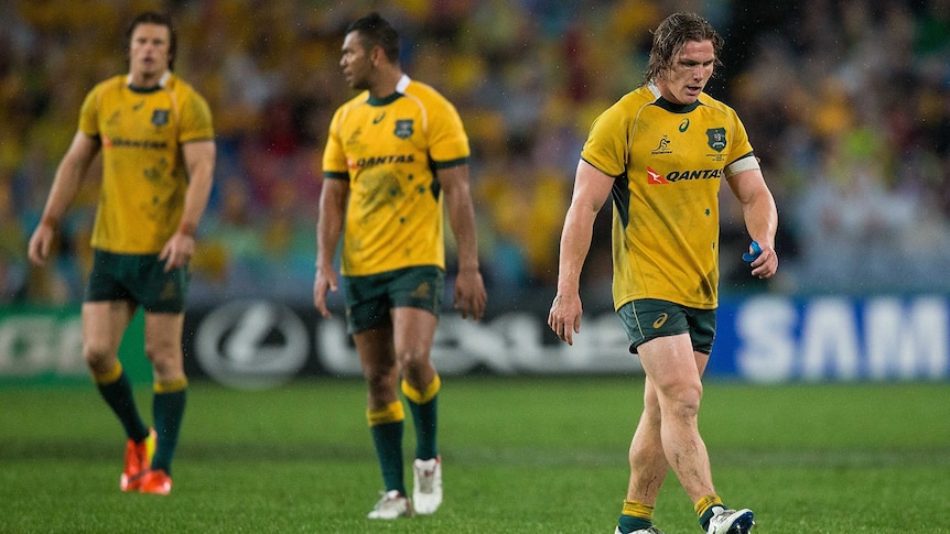 The Wallabies' Michael Hooper (R) looks on during Bledisloe Cup game one against New Zealand.