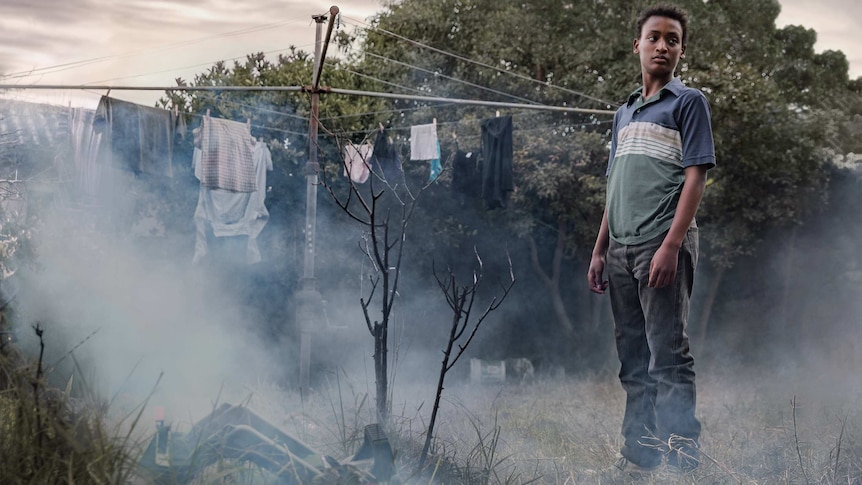 A boy stands in a foggy, overgrown garden beside a Hill Hoist clothesline.