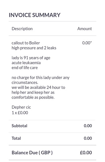 An invoice summary from a callout to fix a boiler, which charges 0 pounds.