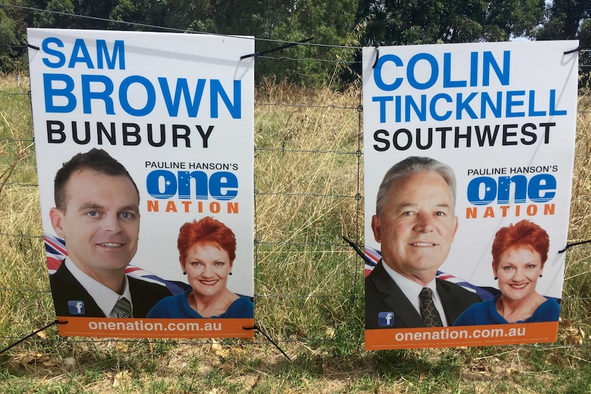 One Nation signage for Colin Tincknell and Sam Brown on a fence post.