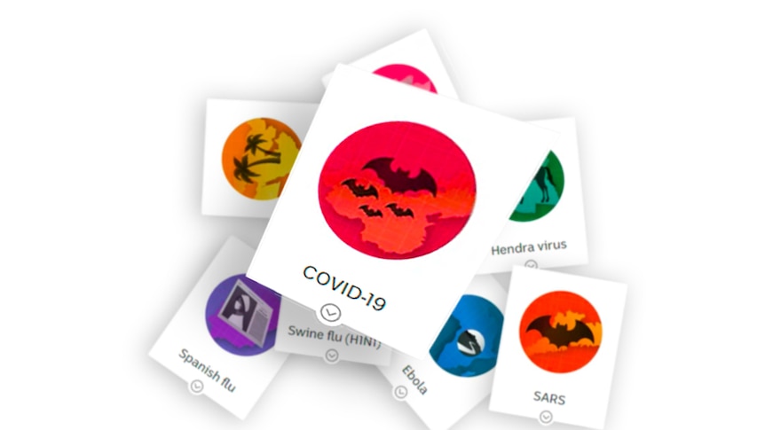 a group of cards with effigies of different viruses, covid-19 is falling on top