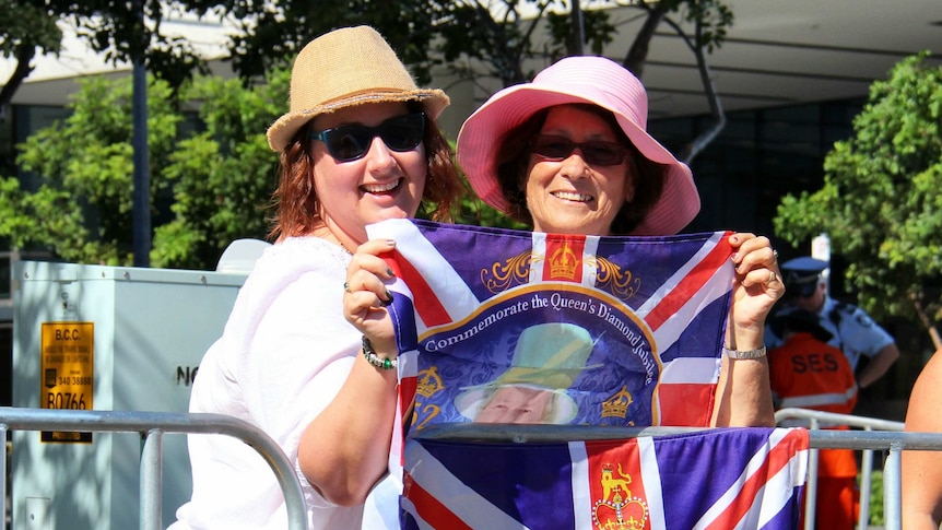Trisha McFadyen and Lyn Wright from Caloundra waiting to see the royal couple in South Bank