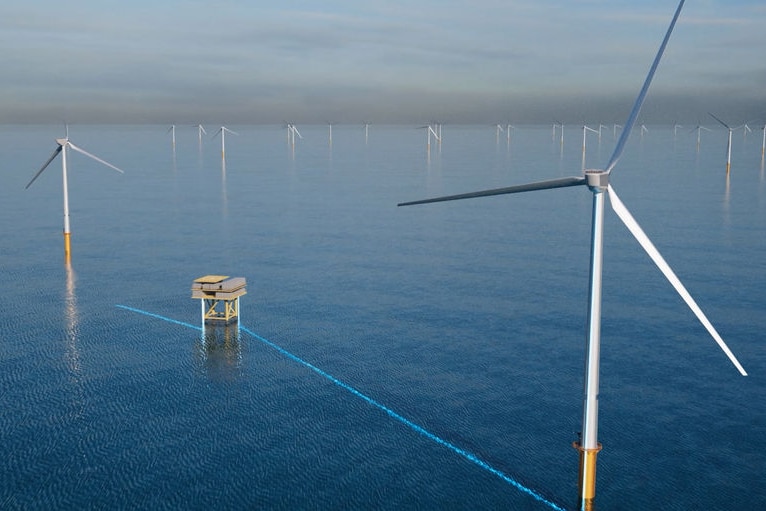 Turbines in an offshore wind farm in the ocean.