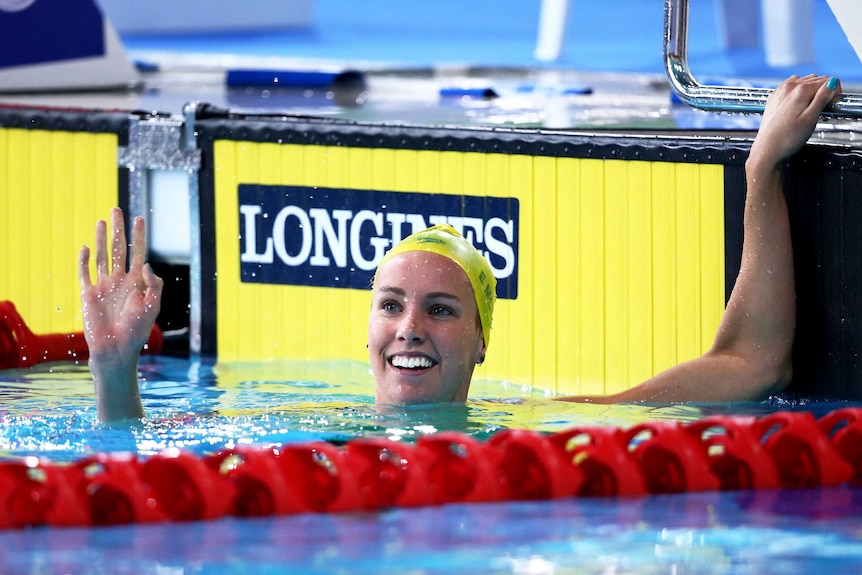 Australia's Emma McKeon celebrates winning the gold medal in the women's 200m free in Glasgow.