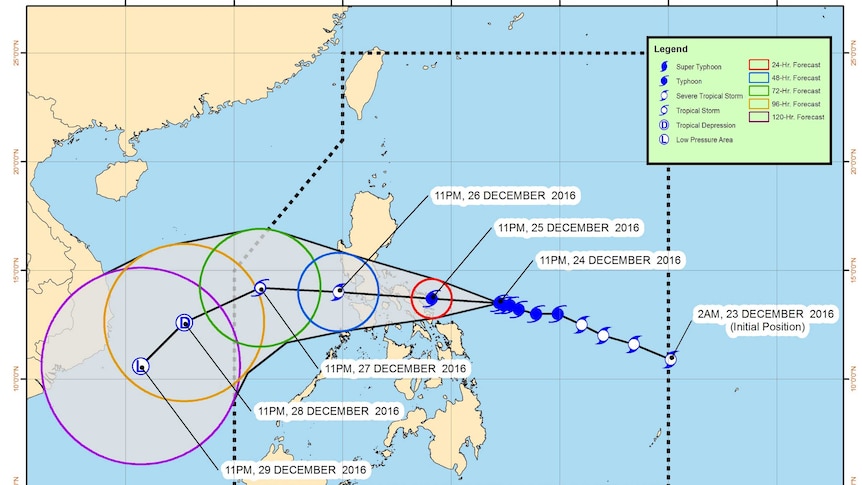 Map showing likely path of typhoon when it passes over the Philippines.