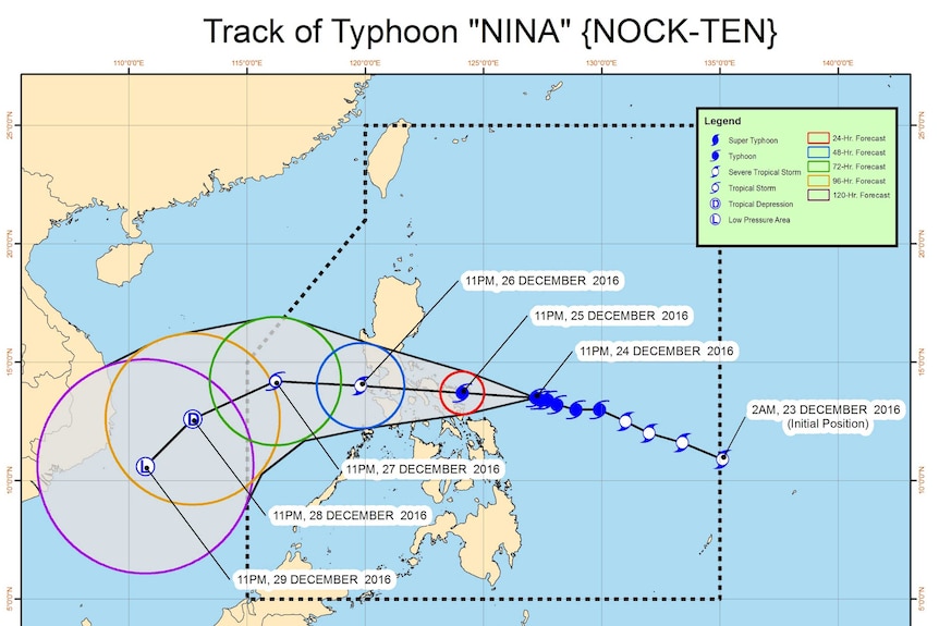 Map showing likely path of typhoon when it passes over the Philippines.