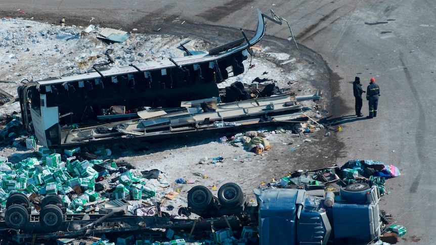 The Canadian bus carrying a junior hockey team collided with a truck.