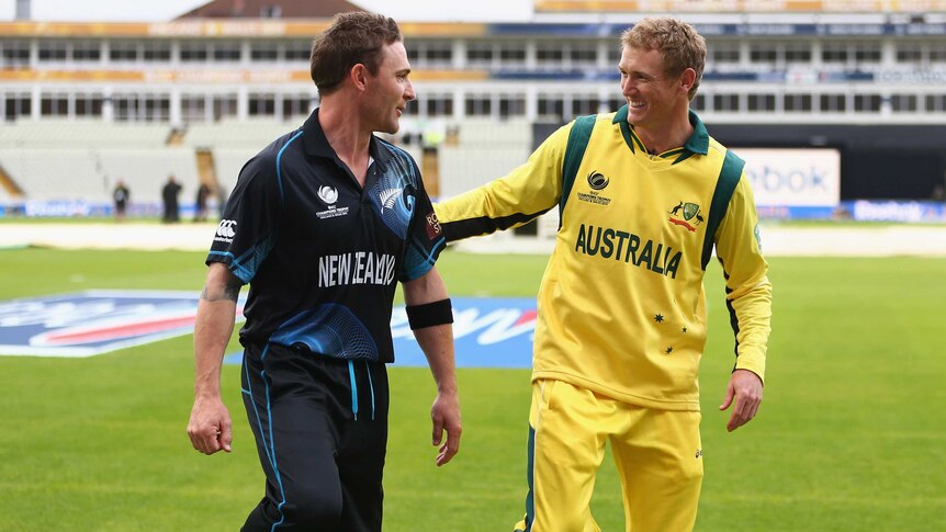 Australian captain George Bailey (R) and New Zealand's Brendon McCullum (L) after the match.