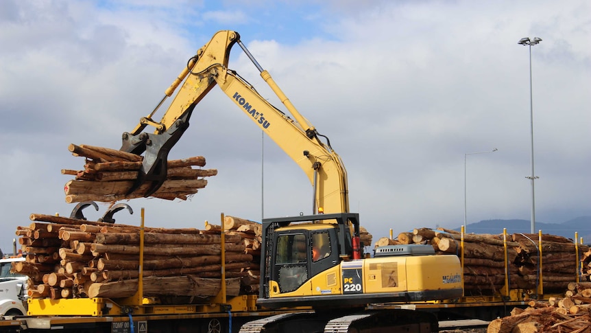 Unloading logs from new rail trucks