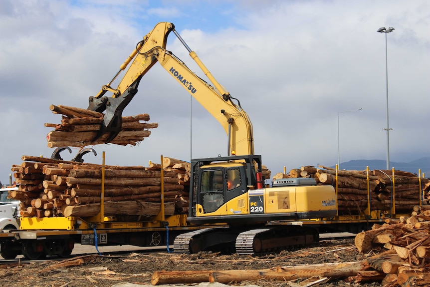 Unloading logs from new rail trucks