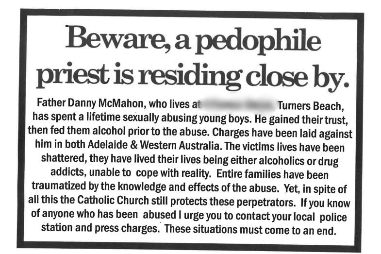 A scan of a black and white text flier warning people of a paedophile priest in the area.