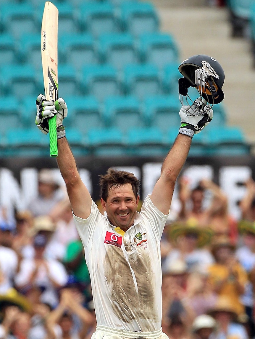 Ricky Ponting celebrates his century during day two of the second Test between Australia and India.