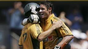 Michael Hussey celebrates his century against New Zealand in Auckland