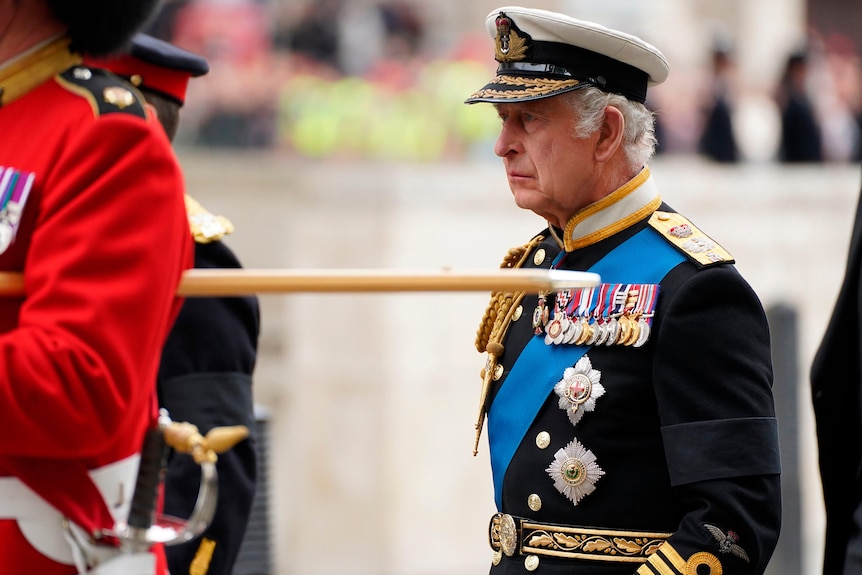 King Charles outside Westminster Abbey during the Queen's funeral. 
