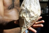 Colombian farmer shows off cocaine